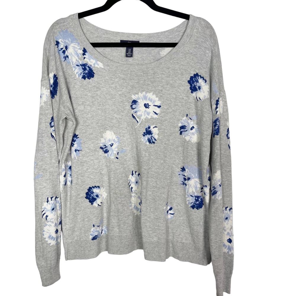 Gap Womens Medium M Gray Blue Floral Lightweight Knit Sweater Scoop Neck Cotton